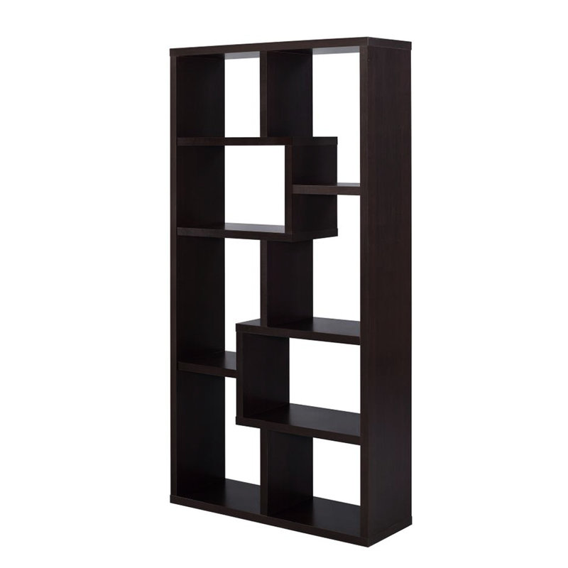 Bibliothèque à 10 tablettes avec motif géométrique en cappuccino, matériaux, tablettes ouvertes, profil en bois d'ingénierie pour rangement sécuritaire, pour
