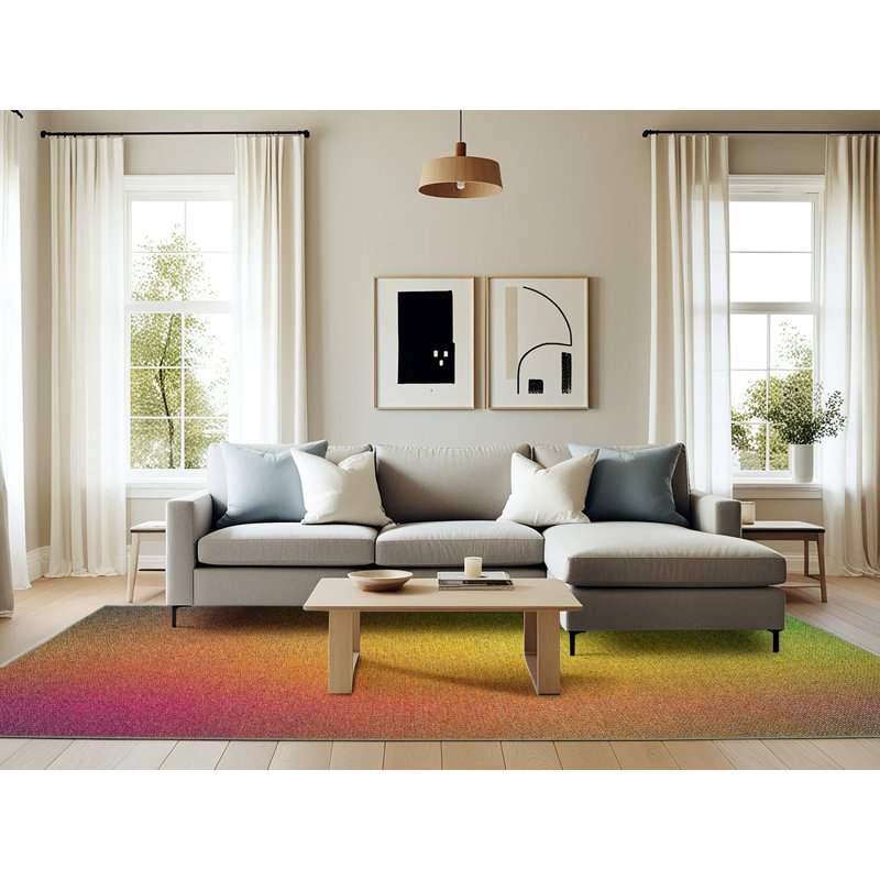 Tapis jaune/vert/rose à motifs, Rectangle 6 pi x 9 pi