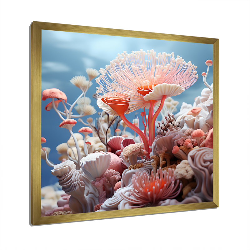 Explorations de récifs coralliens roses - art de corail, H 16 po x l 16 po x P 1 po, Cadre doré simple