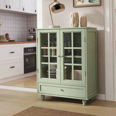 Minimalisme Buffet avec portes en verre doubles et tiroir, armoire de rangement moderne en bois pour le salon, entrée de couloir de la salle à manger (vert menthe)