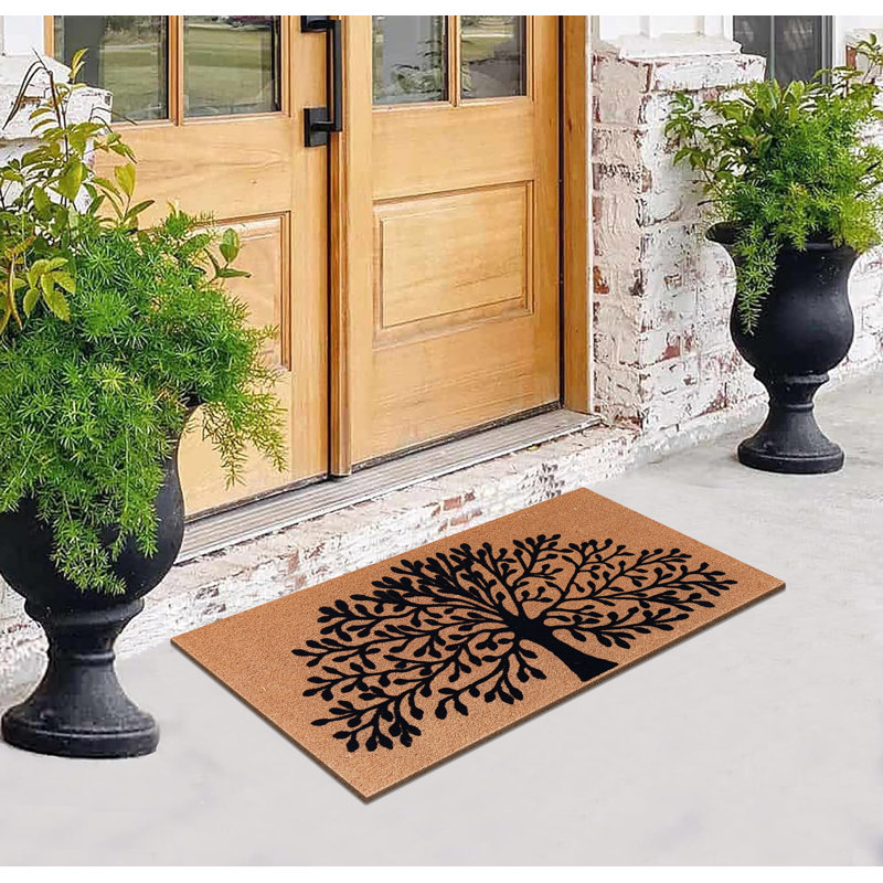 Bohdalec Coir Door Mat with PVC Backing, Tree of Life Design, Durable Thin-Profile Heavy-Duty Non-Slip Entrance Doormat