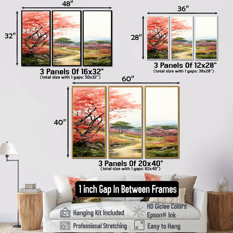 «Blossoming Red Autumn Tree Countryside Road», ensemble de reproductions d'art mural, Cadre flottant doré