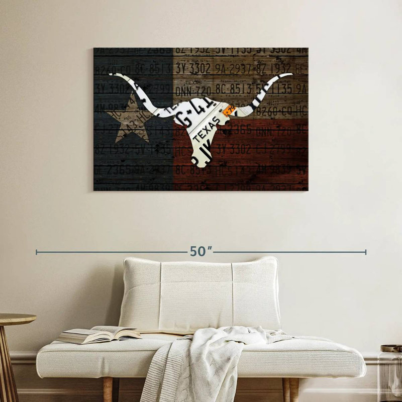 Art de Longhorn avec drapeau, H 26 po x l 39 po