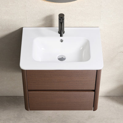 Meuble-lavabo mural de 24 po avec lavabo et tiroir, conception américaine, contreplaqué brun foncé, lavabo, surface facile à nettoyer 24 po avec surface de teinture, quincaillerie de tiroir
