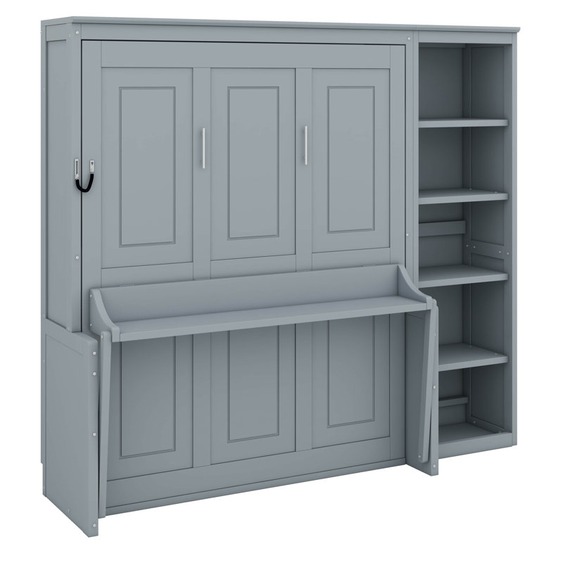 Lit escamotable avec bureau intégré et bibliothèque intégrée, Gris, Grand lit