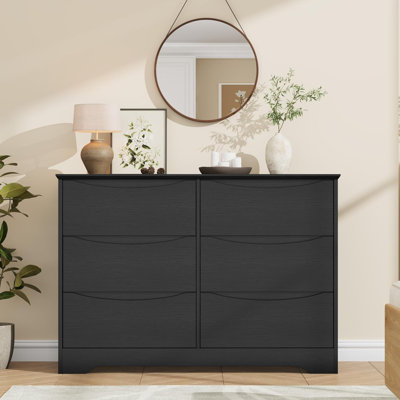 Commode haute 6 tiroirs en bois, commode de rangement moderne avec plateau large, noir