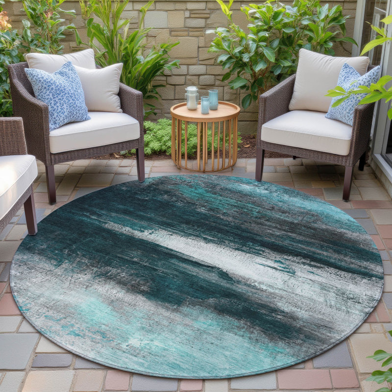 Machine Washable Indoor/Outdoor Xhevrie Teal Rug, Round 8'