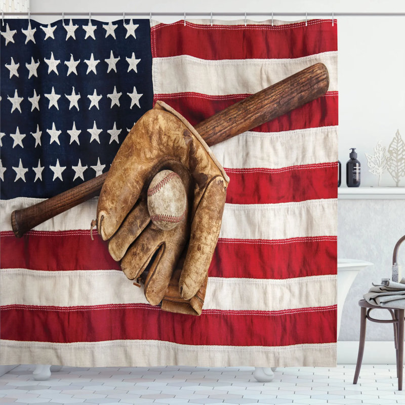Ensemble de rideau de douche baseball + crochets, H 69 po x l 105 po