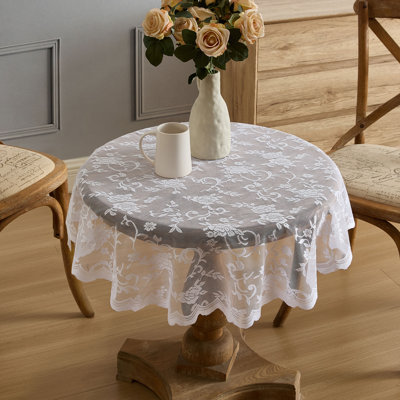 Winston Porter Marlow Floral Lace Fabric Tablecloth, Lace Fabric Table Cloth for Round Tables, Wrinkle Resistant Tablecloth, Patterned Scalloped Tablecloth (Round, White)