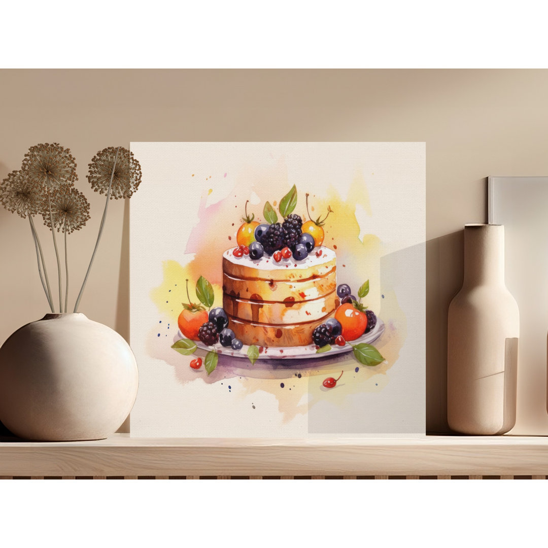 Watercolor Berry Cake Canvas Print, Whimsical Kitchen Decor, Cottagecore Aesthetic Wall Art, Foodie Gift, Sweet Dessert Illustration