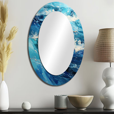 Grand miroir mural ovale bleu sarcelle pointillisme II - bleu sarcelle