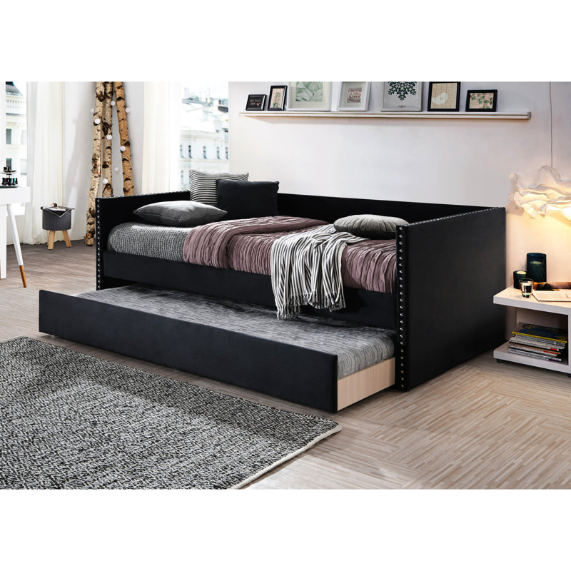 Lit de jour contemporain avec garniture cloutée et lit gigogne escamotable noir pour la chambre à coucher avec ténacité