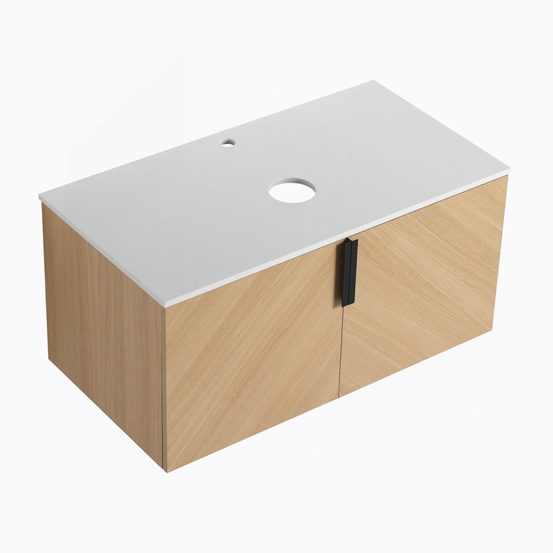 Meuble-lavabo mural avec dalle de pierre artificielle, portes à fermeture douce et fabrication durable pour un rangement facile et un décor de salle de bain élégant