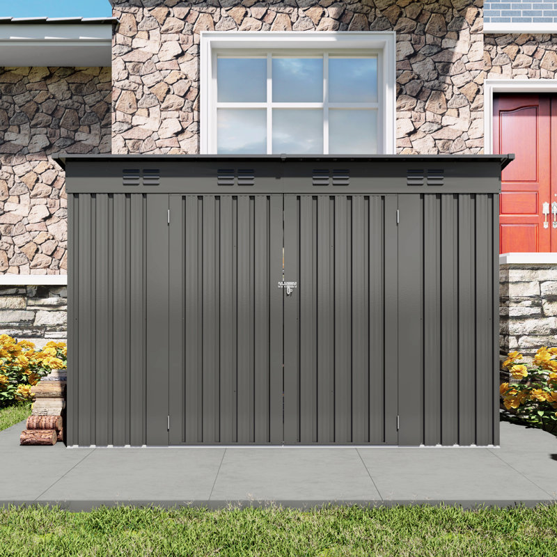 Gray Metal 4x9 Ft Garden Storage Shed With Sloping Roof And 6 Vents, Two Swing Doors For Easy Access, Great Organizing Tools Equipment Roof, Vents 2 Doors, To Wind, Keeps Safe