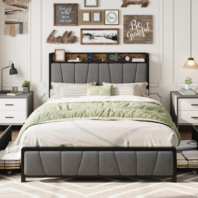 King Linen Upholstered Bed Frame with Storage Headboard, Charging Station & 2 Drawers, No Box Spring Needed