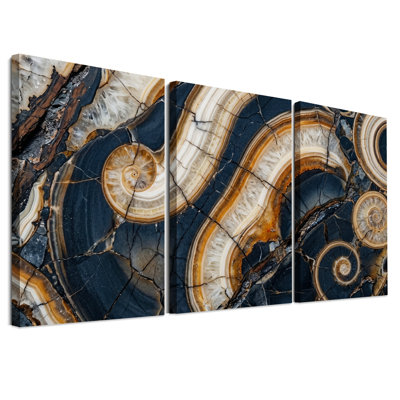 Ensemble de 3 toiles murales représentant des tranches d'agate brunes et bleu marine tourbillonnantes