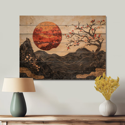 Orange lune spirituelle orange du paysage japonais I - Décoration murale traditionnelle en bois sur bois de pin naturel