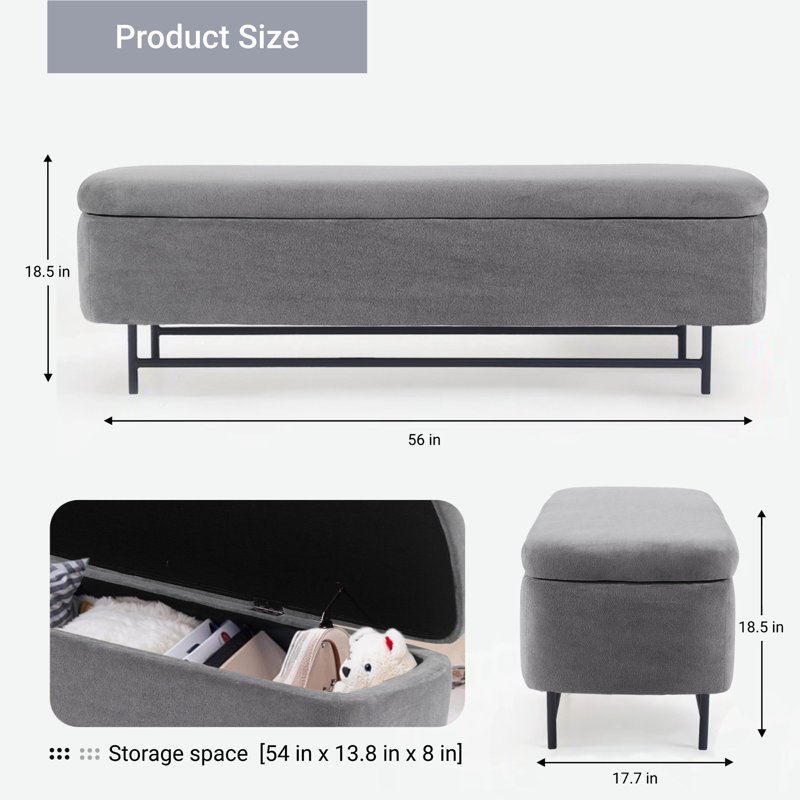 Banc de rangement en tissu pour chambre Atiksh, Gris anthracite, H 18,5 po x l 56 po x P 17,7 po