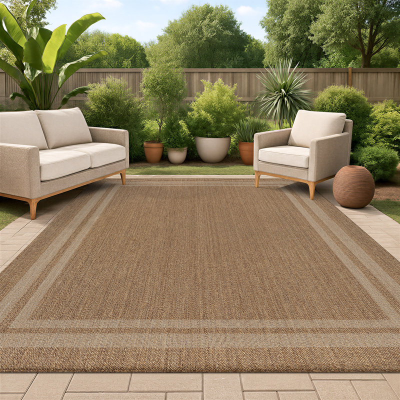 Tapis tissé plat intérieur / extérieur de style jute sable / naturel Border, Sable, Rectangle 9 pi x 12 pi
