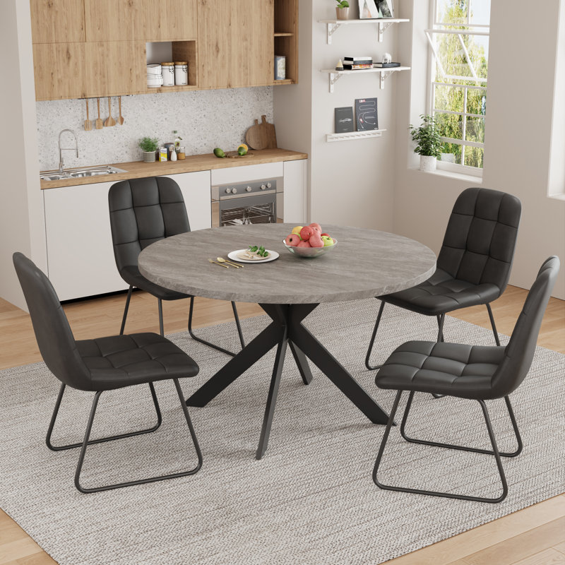 Joevan 46'' Round Dining Table Set with 32.8"H 4 Chairs, Modern Round Kitchen Table and Chairs Set, Space-Saving Solid Frame Dining Room Furniture, Easy Assembly for Home Kitchen Apartment