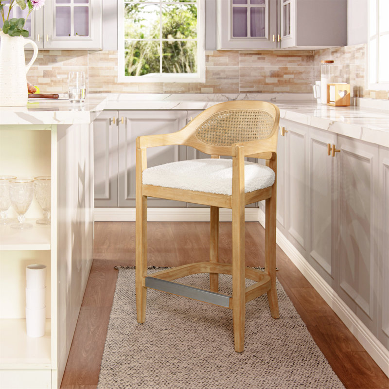 Tabouret de comptoir de style moderne Mid-Century Americana, Naturel, Bouclé blanc