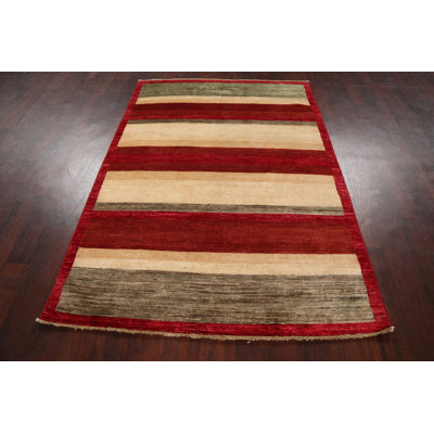 Tapis rouge / beige en laine noué à la main de conception unique 4 pi 3 po x 6 pi 2 po New Age