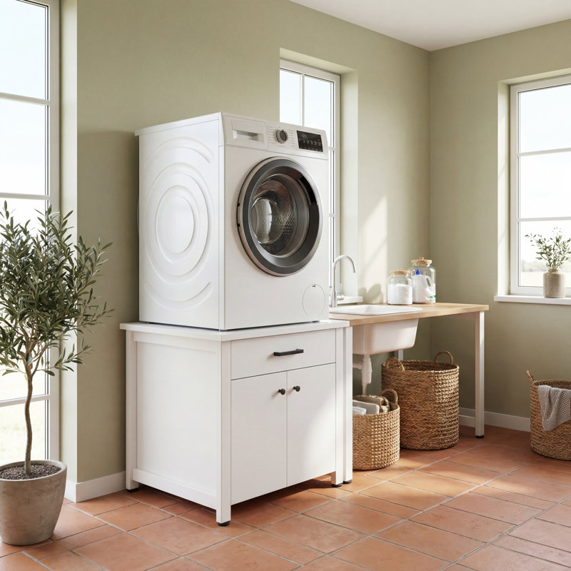 Universal Laundry Pedestal With Storage Drawer & Cabinet, Heavy-Duty Iron Frame Washer And Dryer Stand, Adjustable Feet