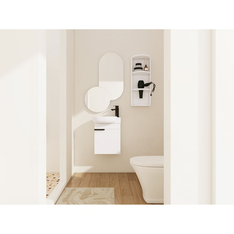Meuble-lavabo à fermeture en douceur avec lavabo et support de rangement, 16 po pour petite salle de bain, Blanc brillant