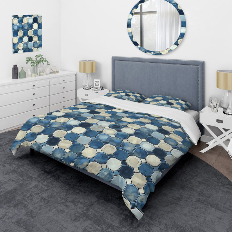 Ensemble de housse de couette moderne bleu et blanc à motif hexagonal I, Housse de couette très grand et 2 très grandes t
