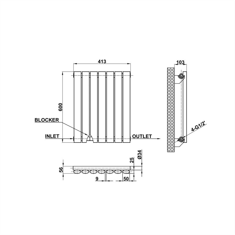 Horizontal Oval Panel Radiators, Grey, 60cm H x 41.3cm W x 5.6cm D