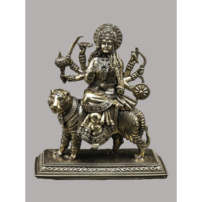Small Brass Goddess Durga Sherawali Maa Eight Armed Statue Lion Mount Hindu Décor