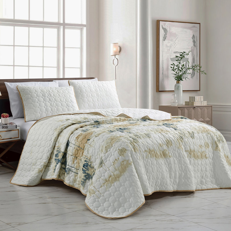 Ensemble de couvre-lit matelassé réversible 3 pièces beige clair, Couvre-lit de très grande taille et 2 taies déco