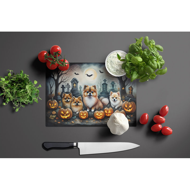 Pomeranian Spooky Halloween Glass Cutting Board Large