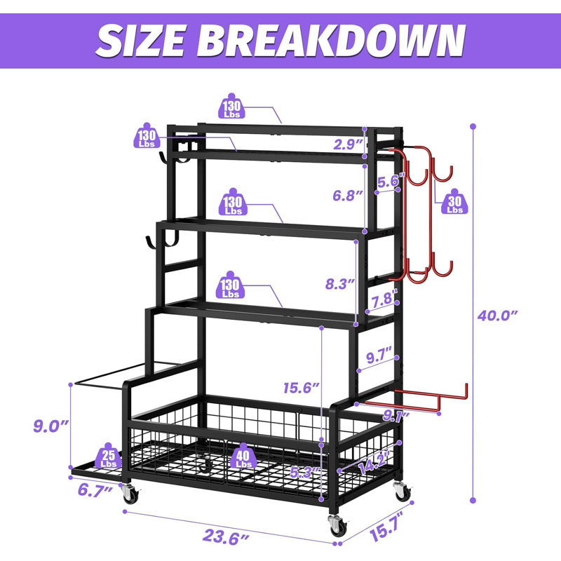 Rangement pour équipement de sport Garage, organisateur de ballon de sport avec roues, poche en filet, panier