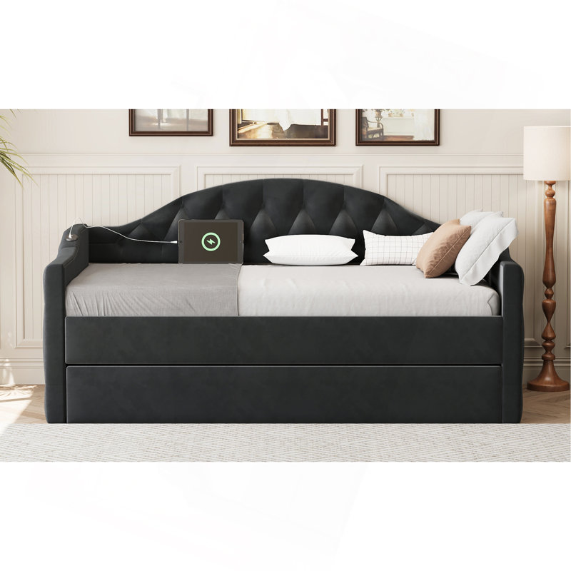 Lit de jour simple rembourré capitonné avec couchette, canapé-lit en velours avec ports USB et ports de charge de type C, aucun sommier nécessaire