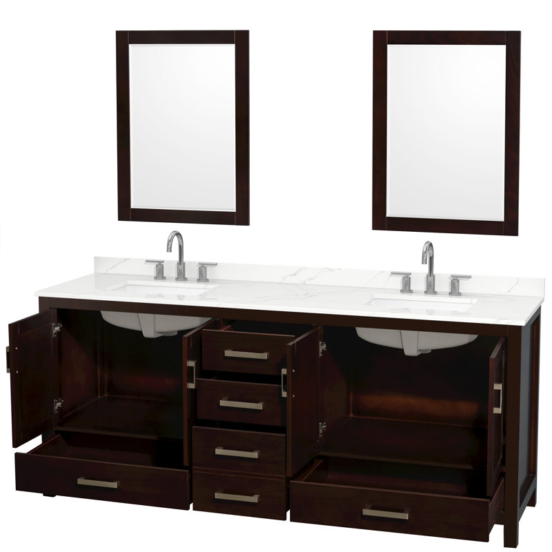 Meuble-lavabo double autoportant 80 po avec plateau en quartz Sheffield et miroirs 24 po Sheffield, Quartz Giotto, Brun
