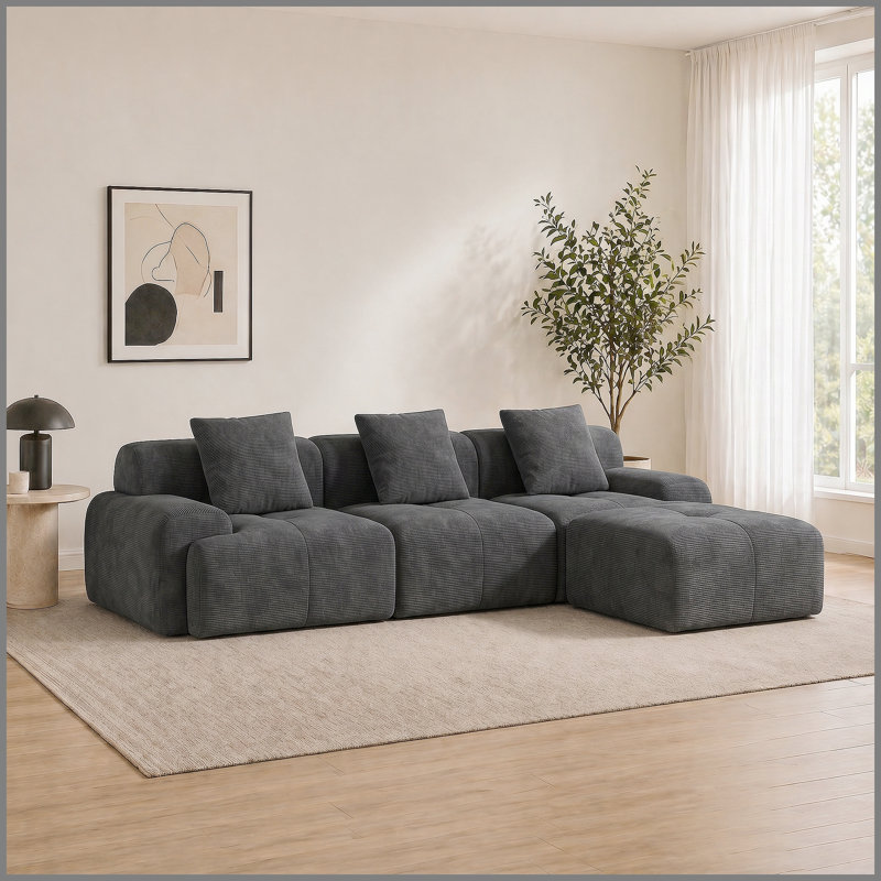 Canapé modulaire moderne en forme de L sans os, canapé 3 places en velours côtelé gris foncé avec repose-pieds et coussins décoratifs, aucun assemblage requis pour le salon