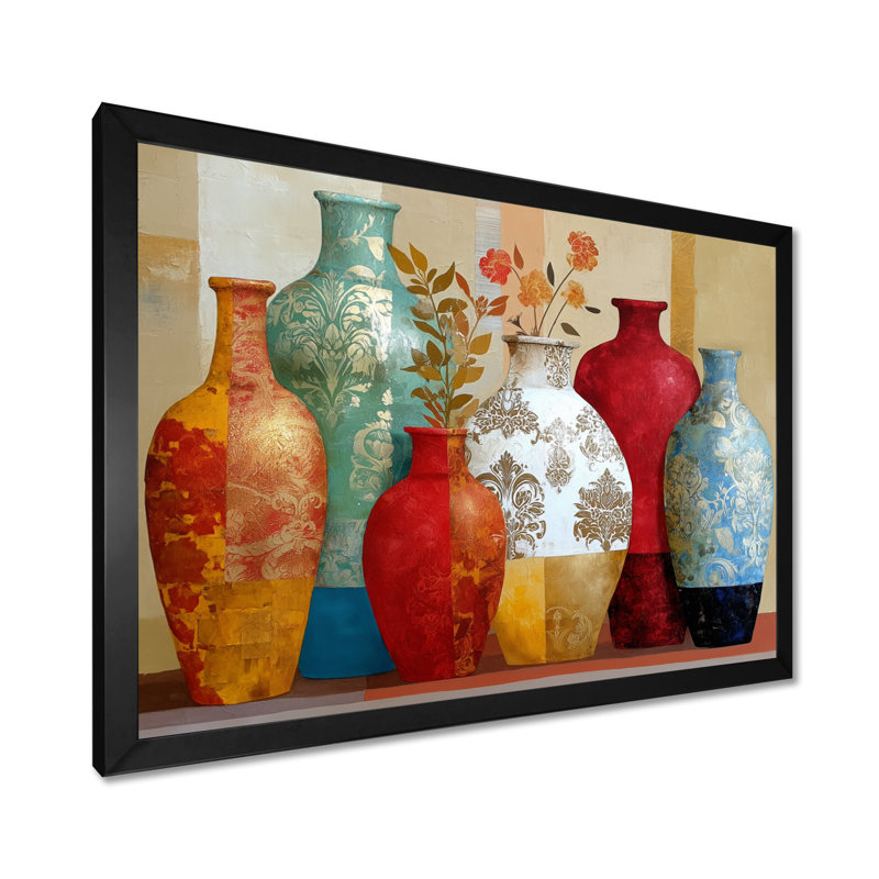 «Boho Plants Moroccan Vases - Morocco Pottery», reproduction d'art sur toile rouge, H 12 po x l 20 po, Cadre flottant, Noir