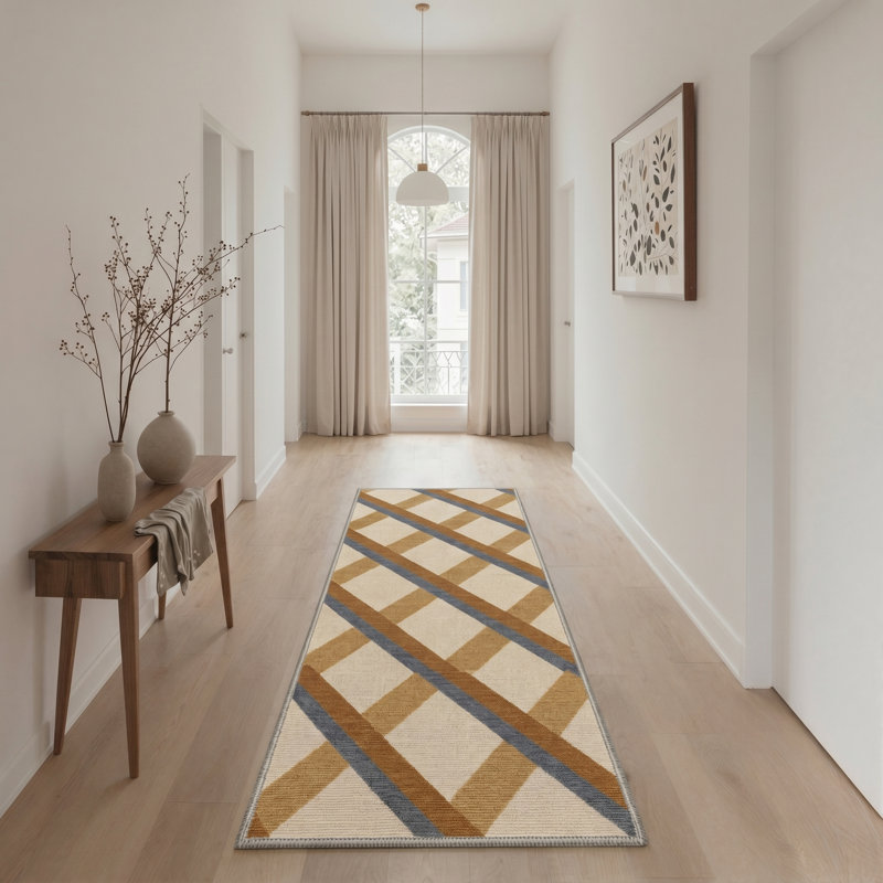 Arris Geometric Machine Washable Beige / Brown / Blue Indoor Area Rug with Non-Slip Backing, Runner 2'6" x 8'