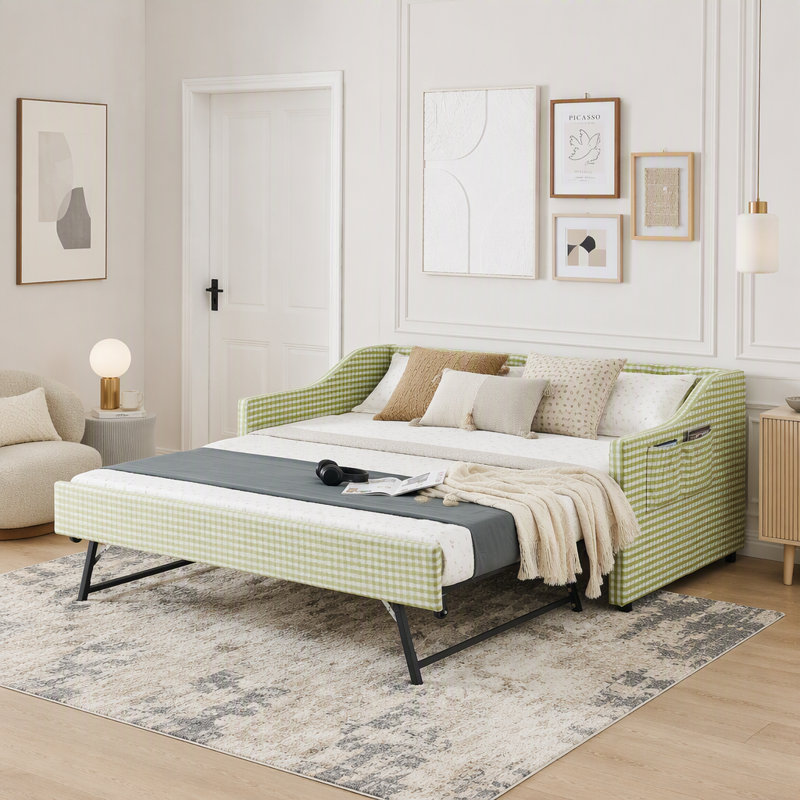 Lit de jour simple rembourré convertible 3-en-1 avec couchette et poches de rangement, Green