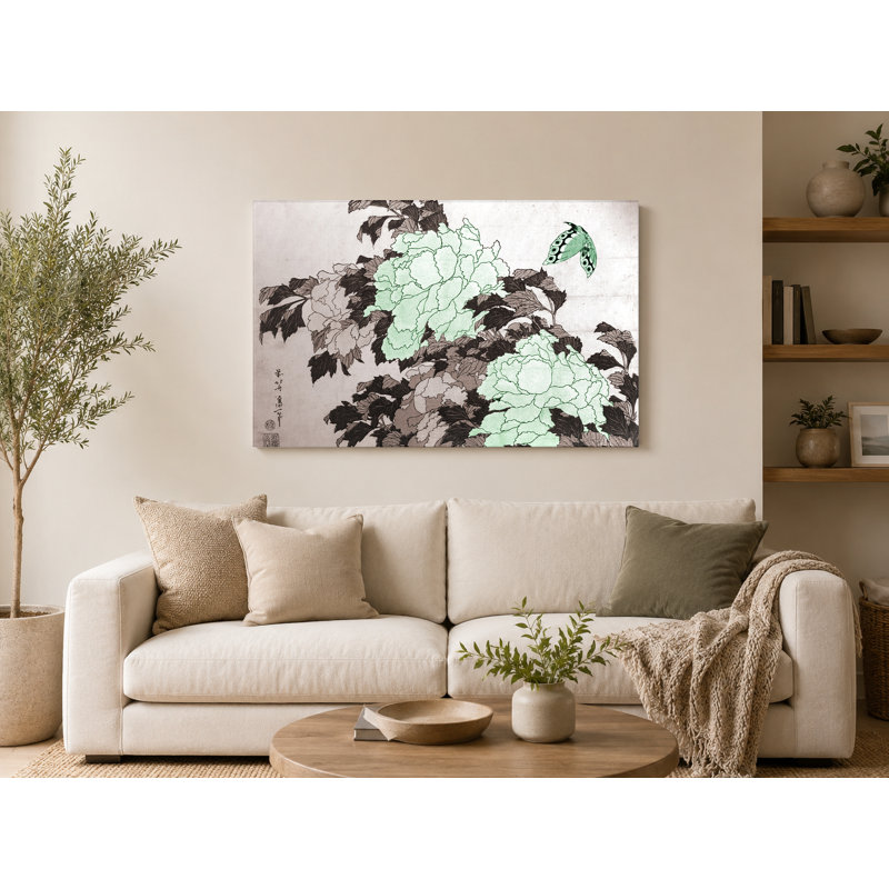 Pivoines et papillon (vers 1833) - art mural sur toile paysage, 30" W x 20" H