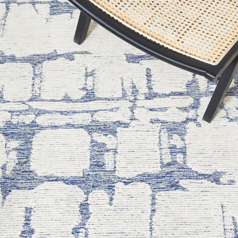 Tapis bleu / ivoire en laine / coton touffeté à la main Martha Stewart, Rond 4 pi