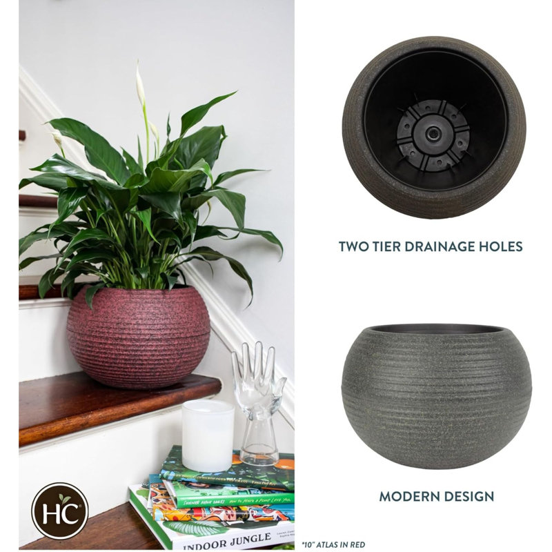 The  12 Inch Atlas Sphere Planter, Round Plastic Plant Pot, Brown, 12.1" H x 11.9" W x 11.9" D, Gray