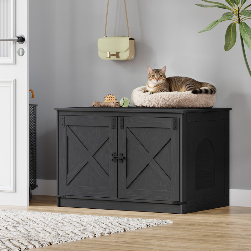 Enceinte de litière pour chat avec coussin, meuble de litière caché avec séparateurs amovibles, entrée réversible à gauche ou à droite, maisonnette pour chat, noir