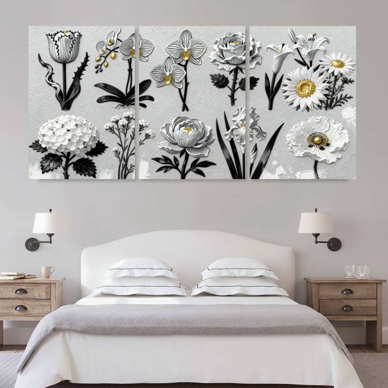 Toiles décoratives florales botaniques en noir et blanc (ensemble de 4), H 18 po x l 36 po