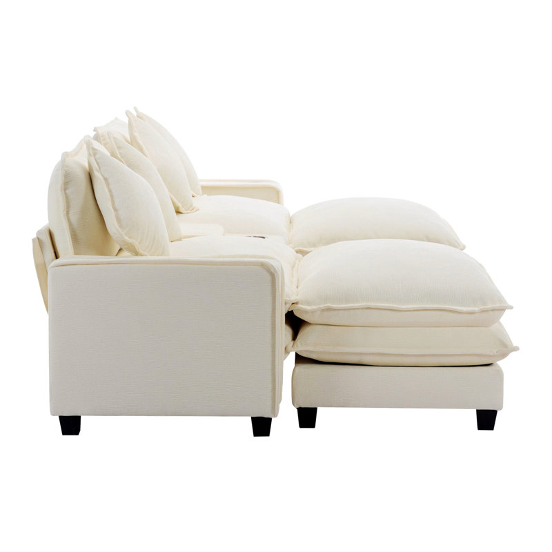 Sectional Sofa With Two USB Ports And Two Cup Holders, Upholstered Sofa With Two Removable Ottoman, Beige