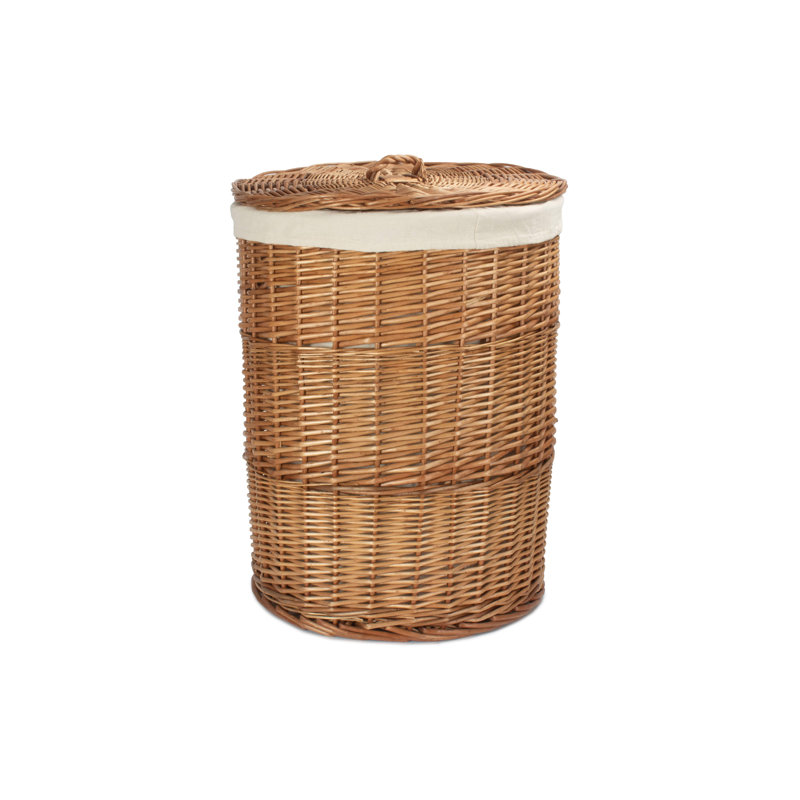 Wicker Round Laundry Hamper Basket with Lining, Light Steamed/White, 60cm H x 46cm W x 46cm D