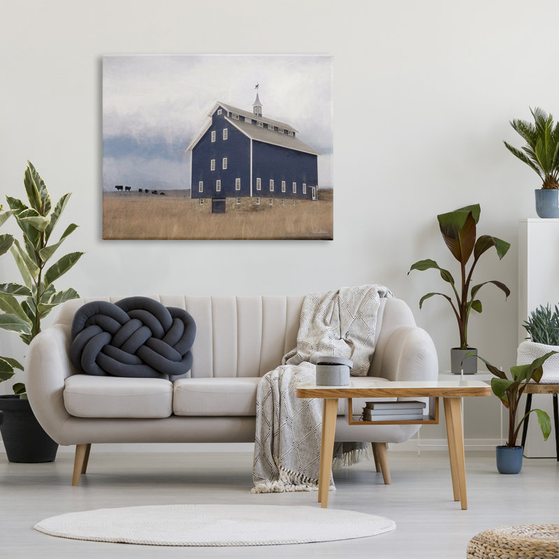 «Blue Farm Barn Landscape, Grazing Cloudy Sky» par - ferme, impression, H 36 po x l 48 po, Toile tendue