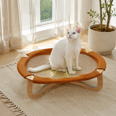Lit surélevé en rotin pour chat – Lit ovale en bois de 59 cm avec filet respirant et tapis tissé rafraîchissant, hamac surélevé rafraîchissant pour chats et petits chiens en été (brun)