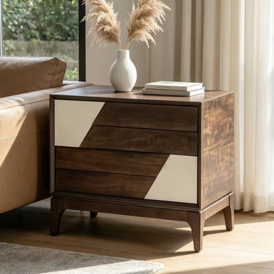 Table de chevet inclinée à 2 tiroirs avec design géométrique bicolore Lioressa